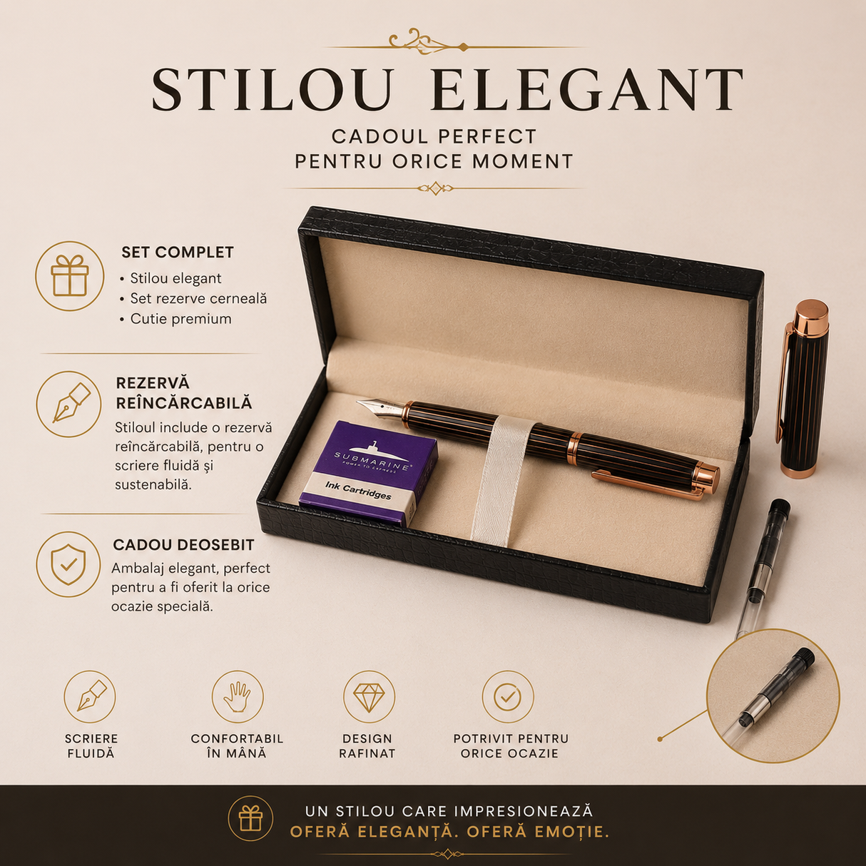 Set stilou Submarine negru cu auriu și 5 rezerve