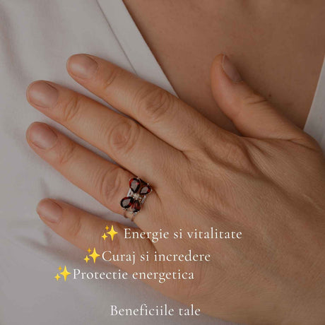 Inel Argint 925 ajustabil cu Piatra Naturala de Granat Fluture – Curaj si Pasiune