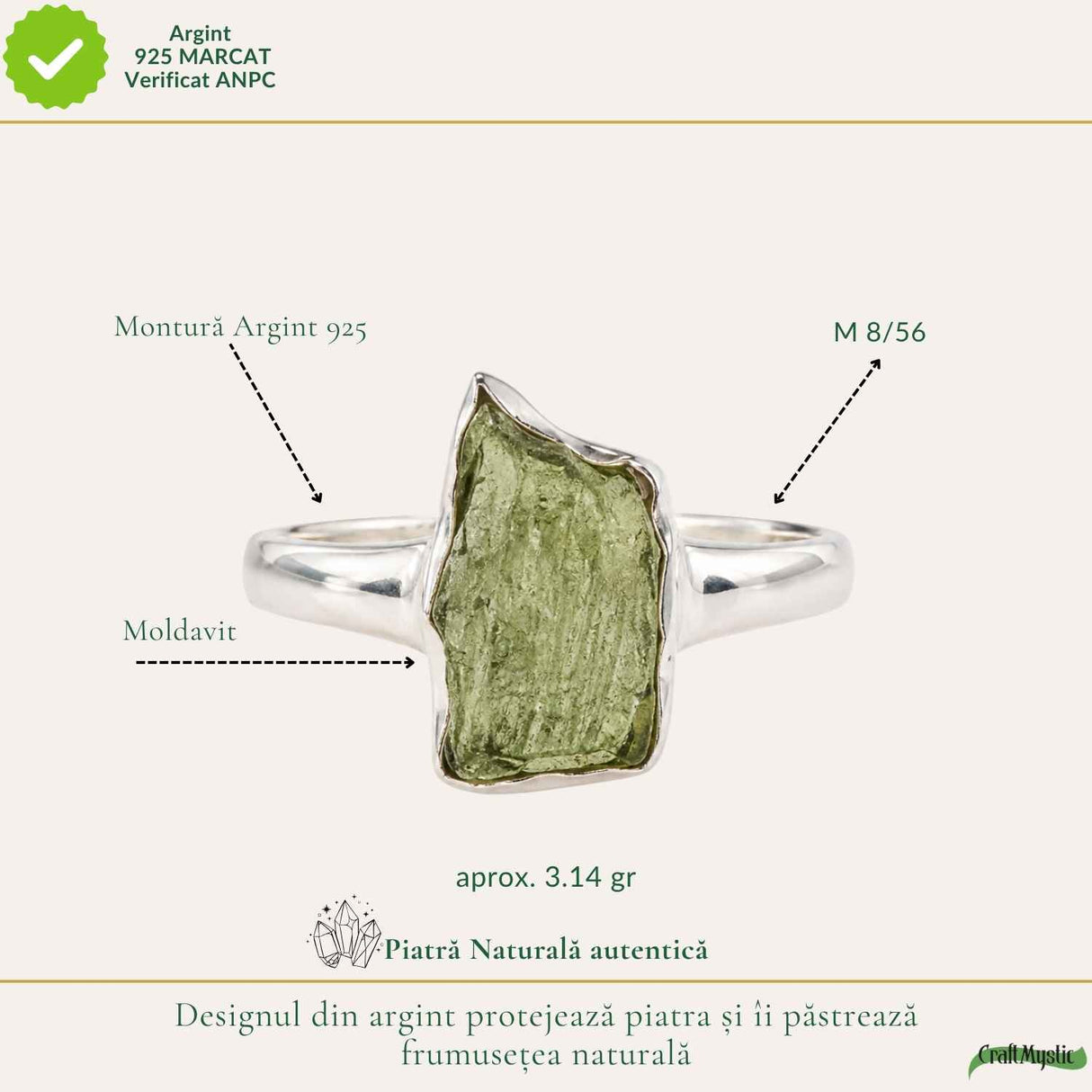 Inel din argint 925 cu Moldavit, cadou pentru iubitorii de cristale rare