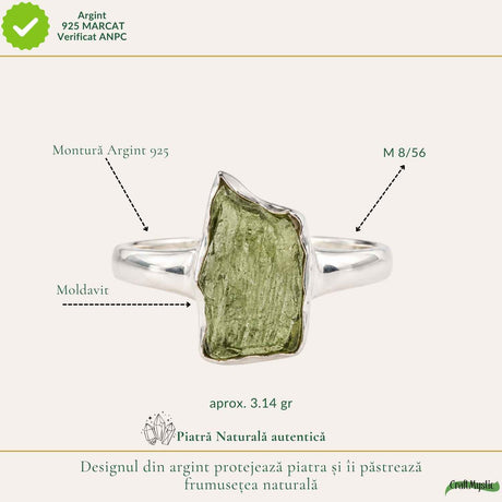 Inel din argint 925 cu Moldavit, cadou pentru iubitorii de cristale rare