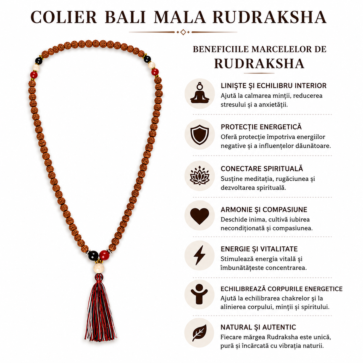 Colier Mala Rudraksha purtat, stil spiritual