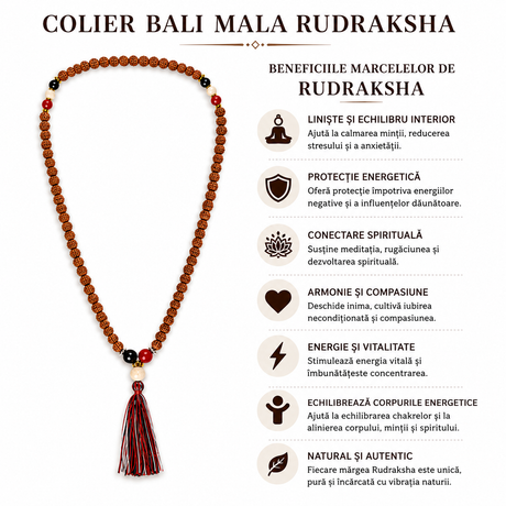 Colier Mala Rudraksha purtat, stil spiritual