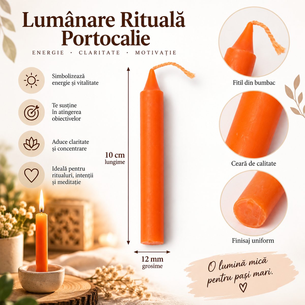 Lumânare Portocalie pentru Ritualuri și Intenții 10 cm - 1 Bucată