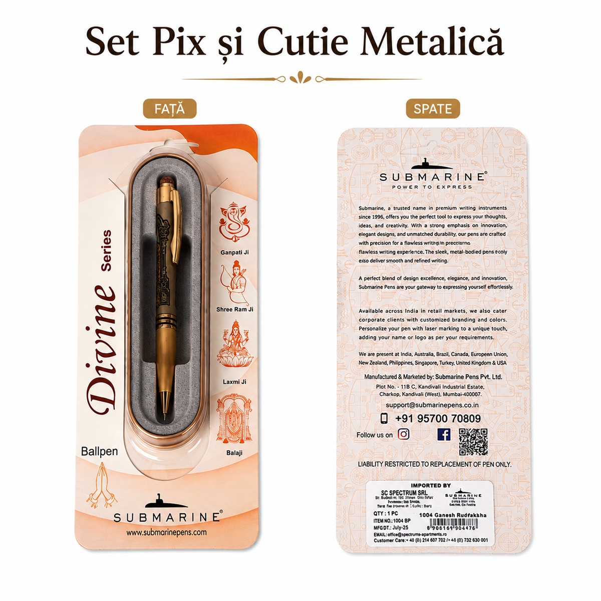 Pix metalic cu Rudraksha și cutie metalică, design auriu
