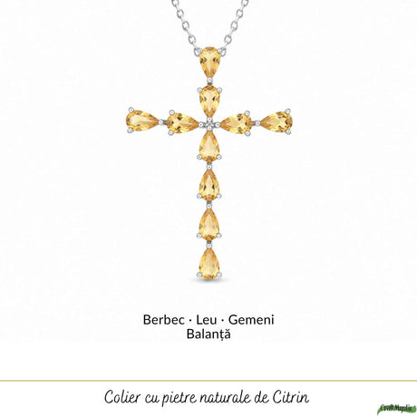 Colier Argint 925 cu Citrin Natural Fatetat in Forma de Cruce – Bucurie si Abundenta