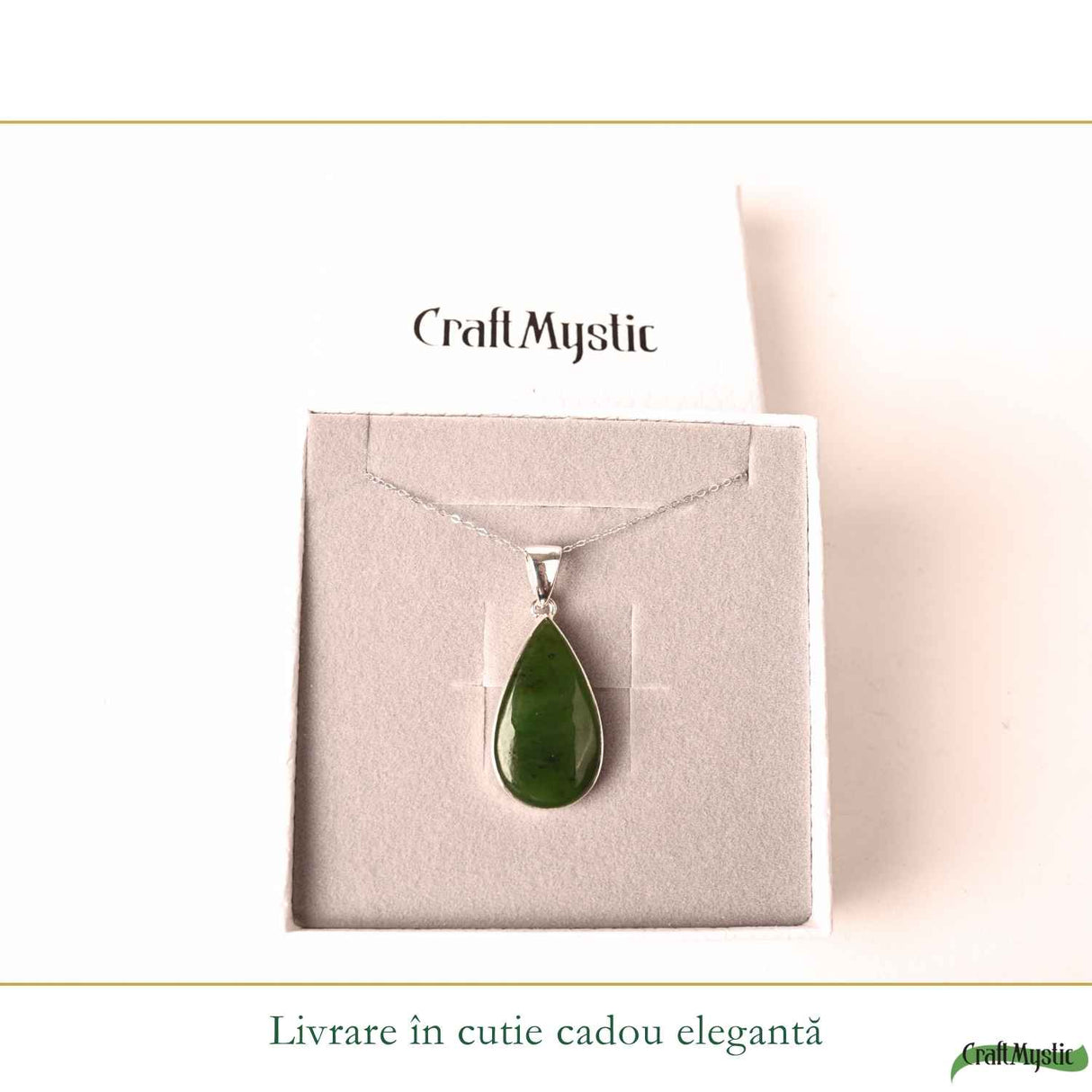 Colier Argint 925 cu Jad Nefrit Natural Lacrima – Simbol al Armoniei si Prosperitatii