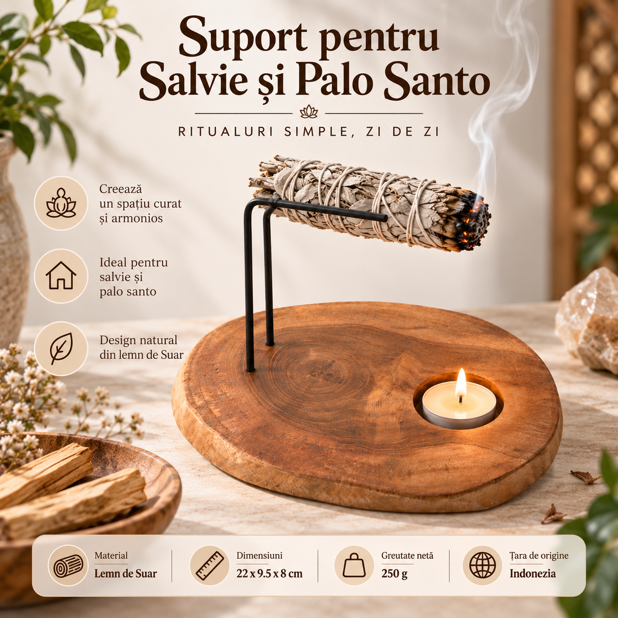 Suport din lemn de Suar pentru salvie și Palo Santo cu lumânare