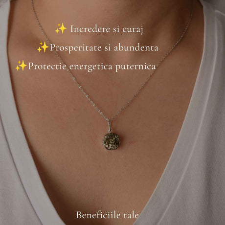 Colier Argint 925 cu Piatra Naturala de Pirita Rotunda – Prosperitate si Incredere