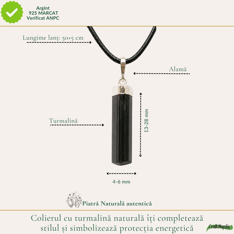 Colier cu turmalină neagră brută, unisex