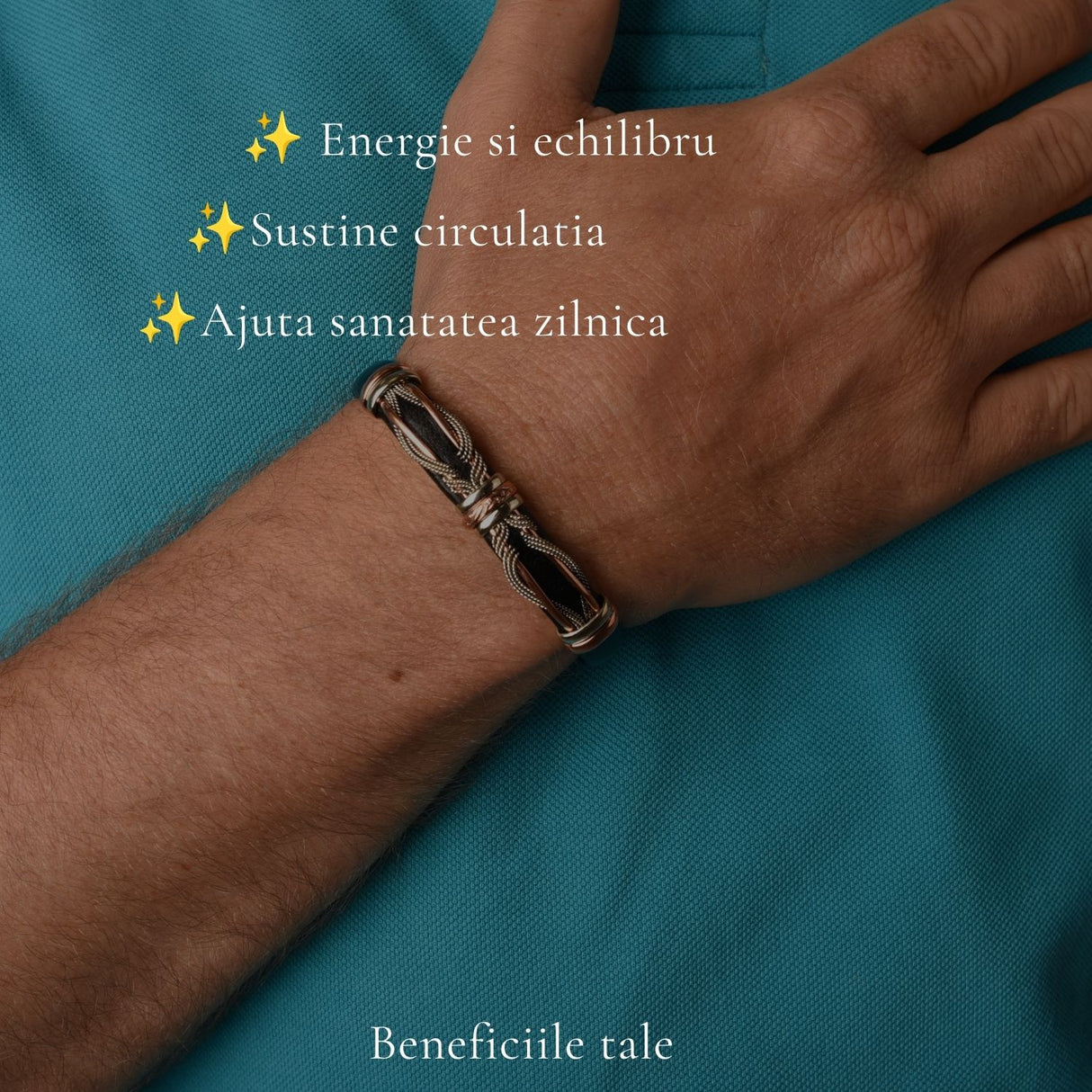 Brățară masculină din piele și cupru, purtată pe încheietură