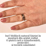 Inel din Argint 925 rodiat cu Moldavit natural fatetat - transformare, protectie si claritate interioara