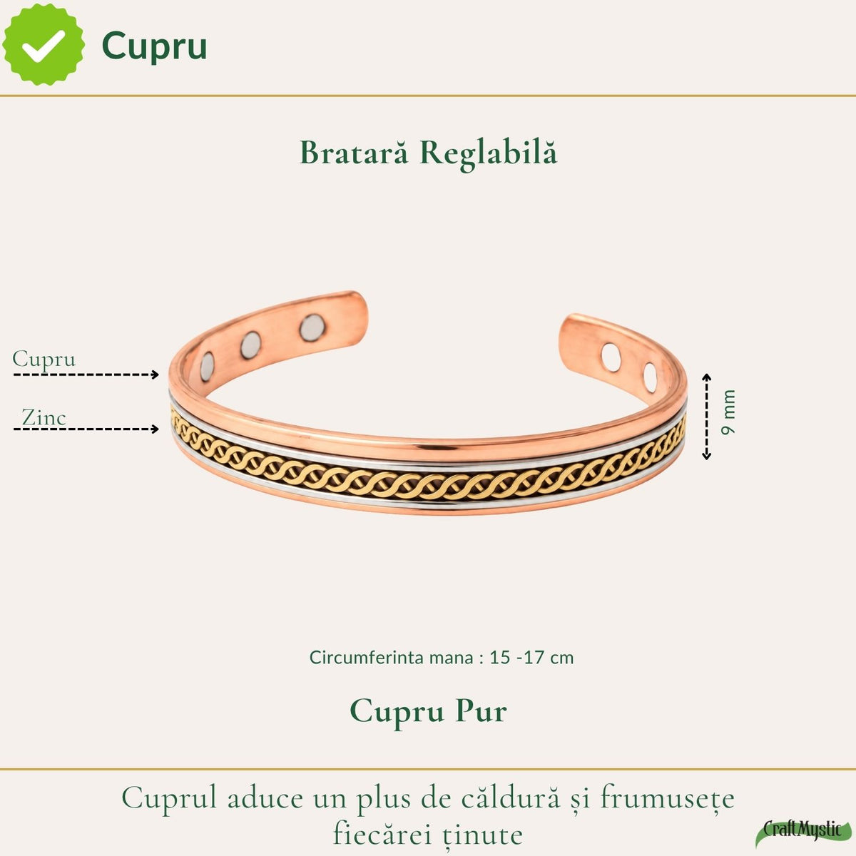 Brățară din cupru și zinc cu model împletit