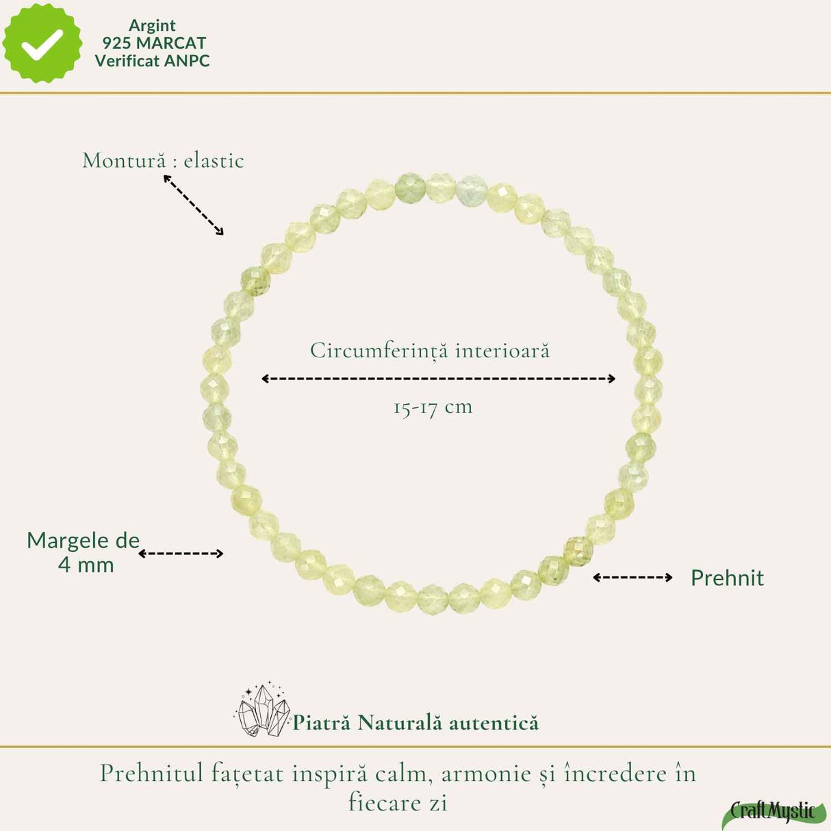 Bratara cu Prehnit Fatetat Natural 4 mm – Calm, Armonie si Echilibru Emotional