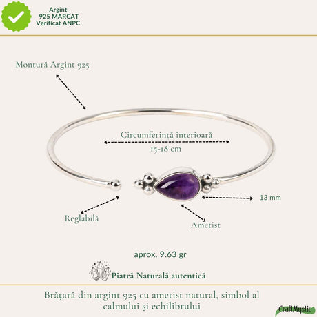 Bratara Indiana din Argint 925 ajustabilă cu Ametist Lacrima – Calm si Echilibru Interior