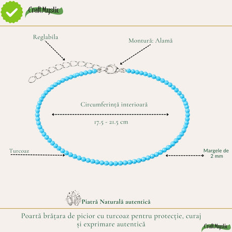 Turcoaz fațetat, pietre rotunde de 2 mm, pe brățară de picior