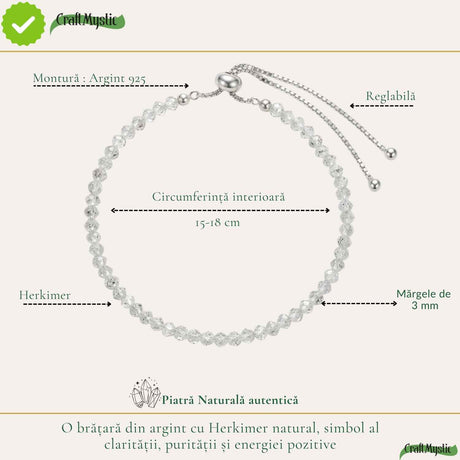 Bratara Argint 925 cu Herkimer Fatetat Natural 3 mm - Claritate si Energie Pozitiva