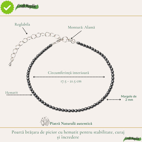 Hematit fațetat, pietre rotunde de 2 mm, pe brățară de picior