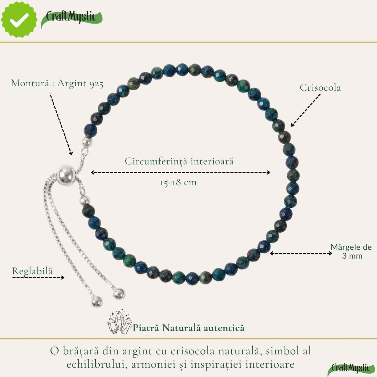 Bratara Argint 925 cu Crisocola Fatetata Naturala 3 mm - Calm si Echilibru Emotional