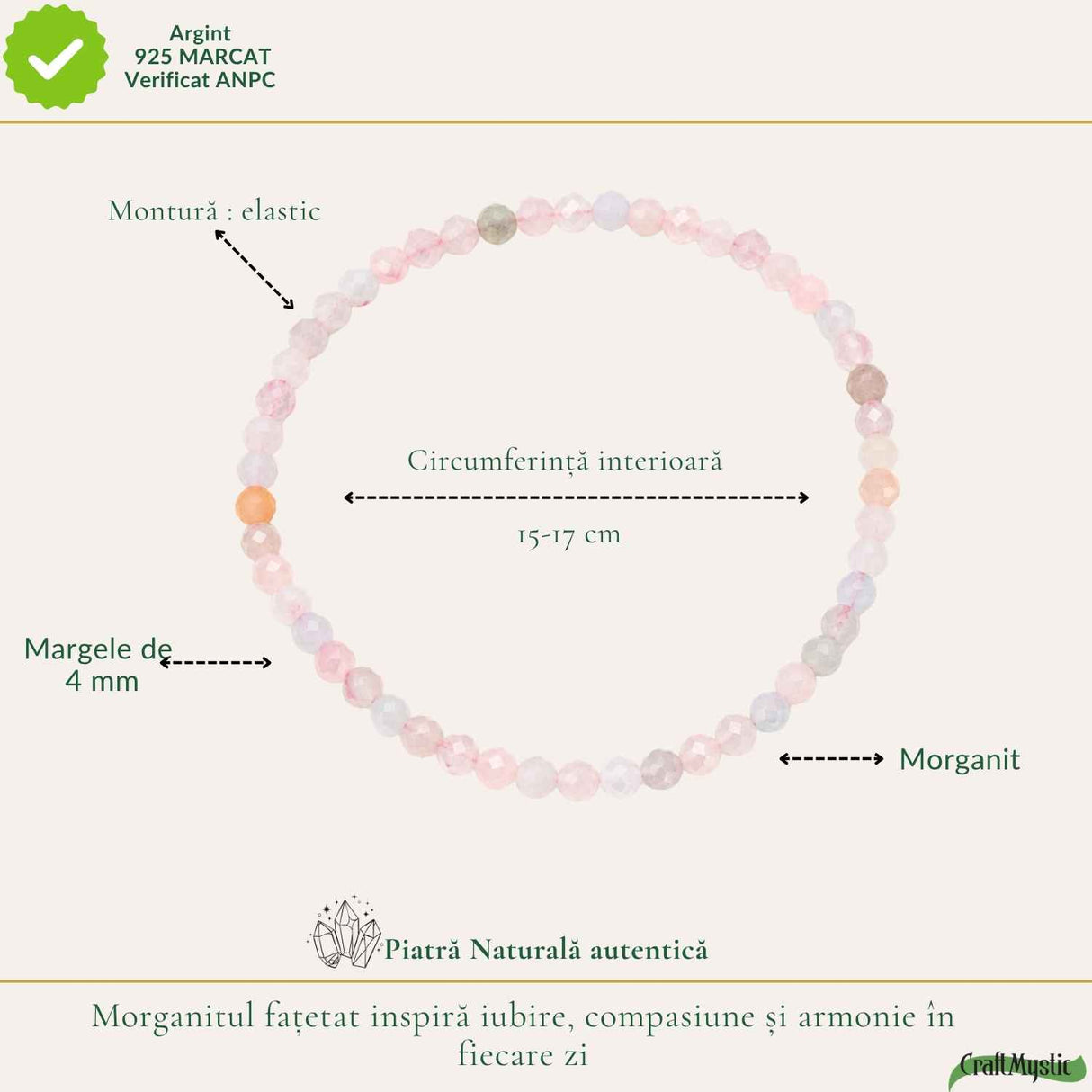 Bratara cu Morganit Fatetat Natural 4 mm – Iubire, Echilibru si Armonie Interioara