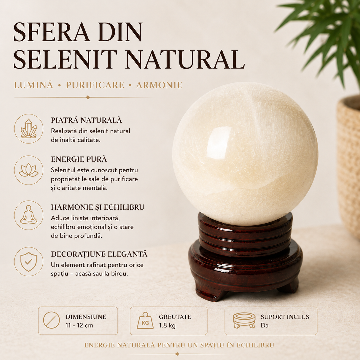 Sferă decorativă din selenit natural pentru living sau altar