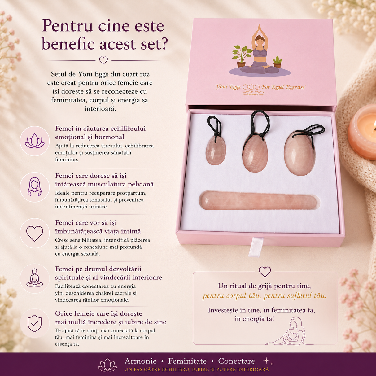 Set Oua Yoni si Bagheta din Cuarț Roz Natural – Feminitate, Armonie si Iubire de Sine
