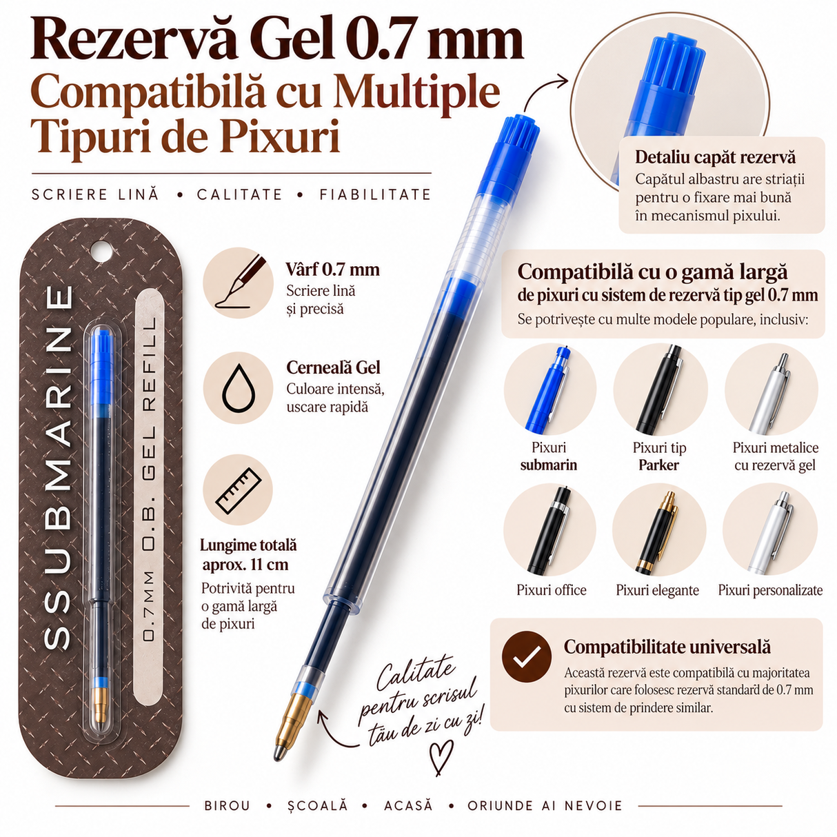 Rezervă pix Submarine Polly Gel 0.7 mm cu pastă albastră