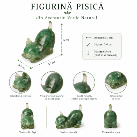 Figurina Pisica din Aventurin Verde Natural cu Insertii Aurii 5.7 cm – Prosperitate si Noroc