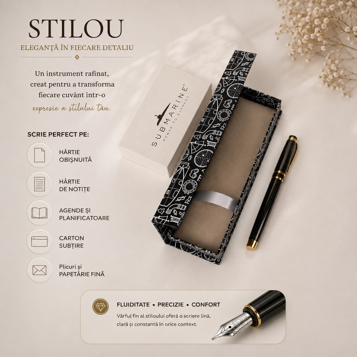 Stilou elegant gri cu auriu metalic CraftMystic