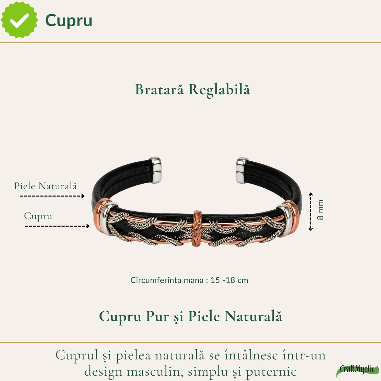 Cupru și textură răsucită pe brățara masculină