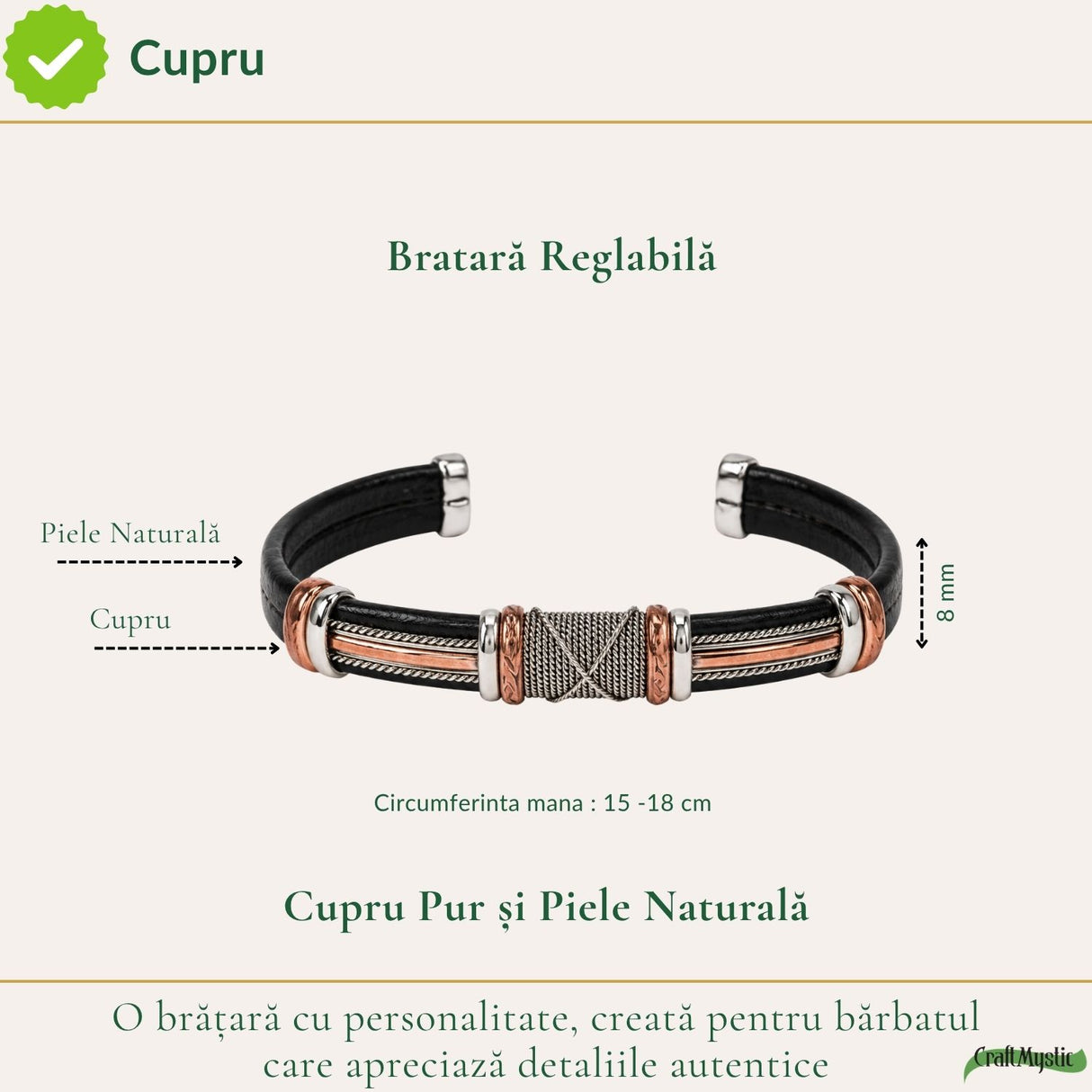 Cupru răsucit și piele naturală pe brățara masculină