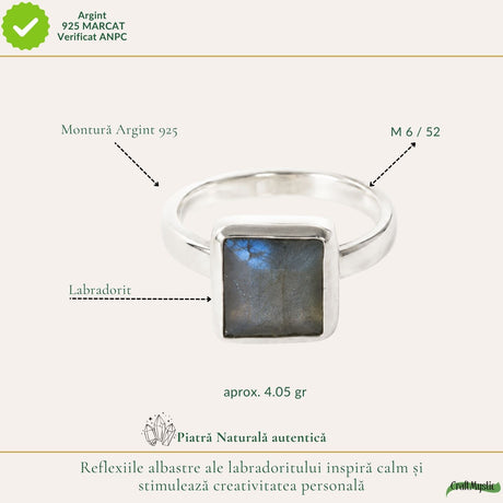 Inel Argint 925 cu Labradorit Patrat Fatetat – Intuitie si Protectie