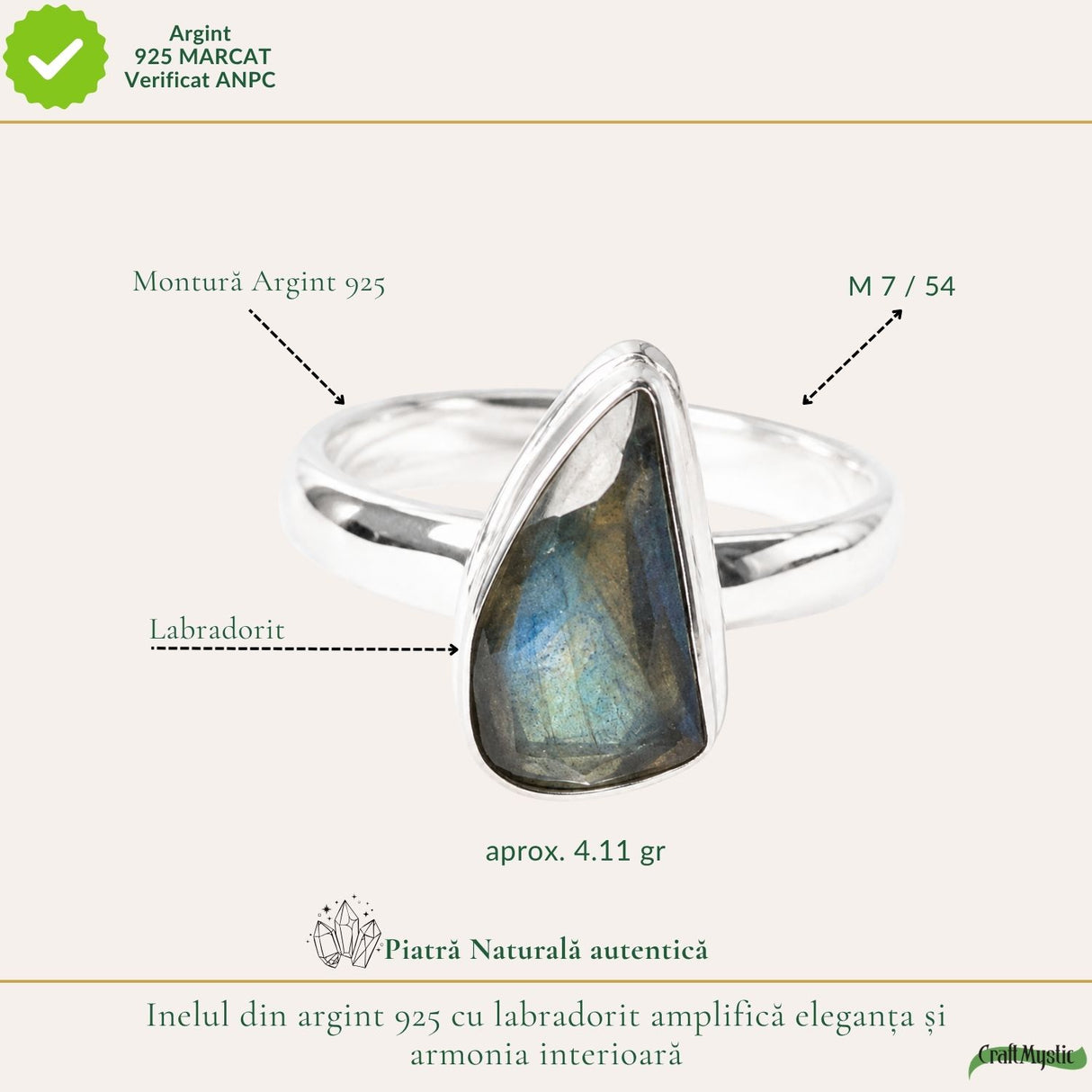 Inel Argint 925 cu Labradorit Fatetat Lacrima – Intuitie si Protectie