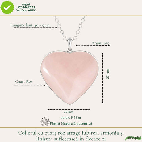 Colier Argint 925 cu Piatra Naturala de Cuart Roz Inima – Iubire si Armonie