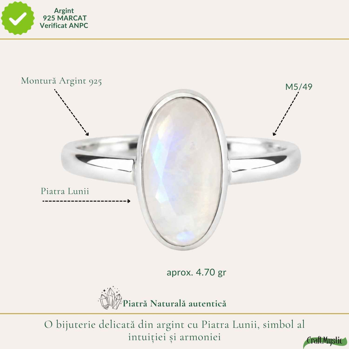 Inel Argint 925 cu Piatra Lunii Naturala Oval – Intuitie si Echilibru