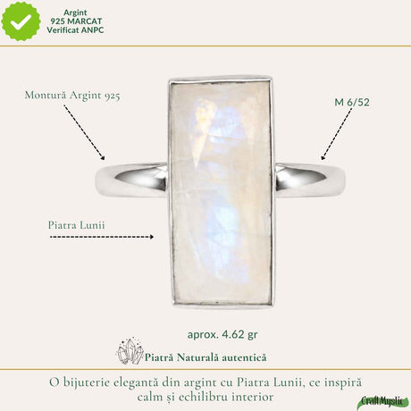 Inel Argint 925 cu Piatra Lunii Naturala Dreptunghi – Intuitie si Echilibru