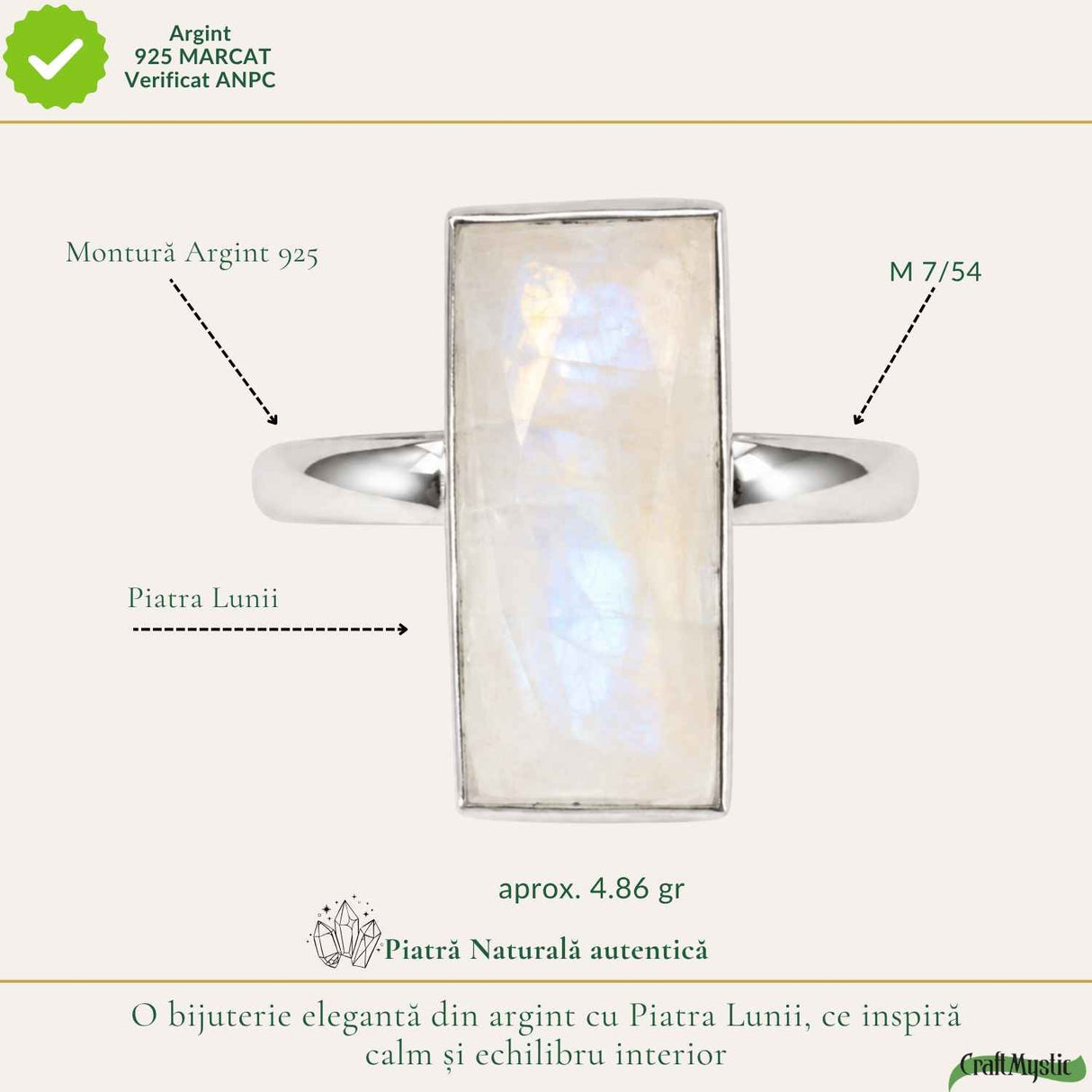 Inel Argint 925 cu Piatra Lunii Naturala Dreptunghi – Intuitie si Echilibru
