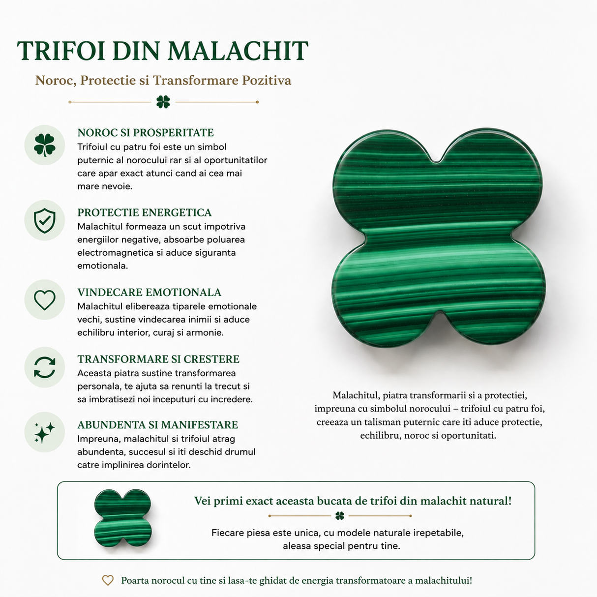 Colier cu pandantiv malachit în formă de trifoi