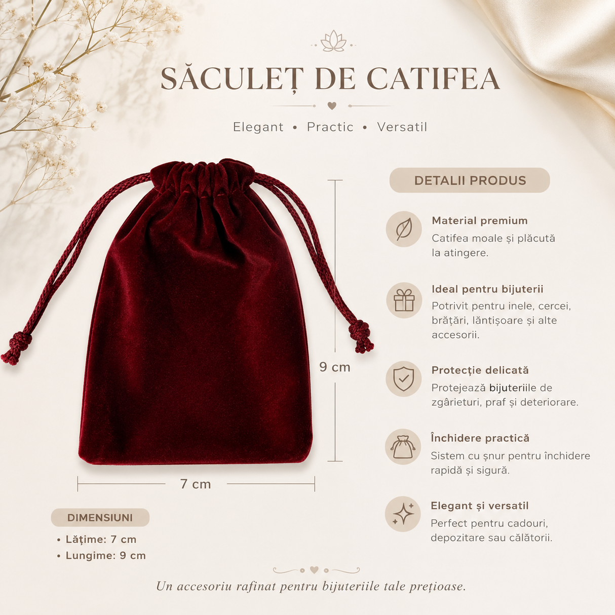 Săculeț de catifea vișiniu 7 x 9 cm pentru bijuterii