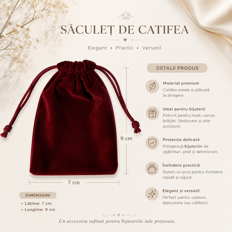 Săculeț de catifea vișiniu 7 x 9 cm pentru bijuterii
