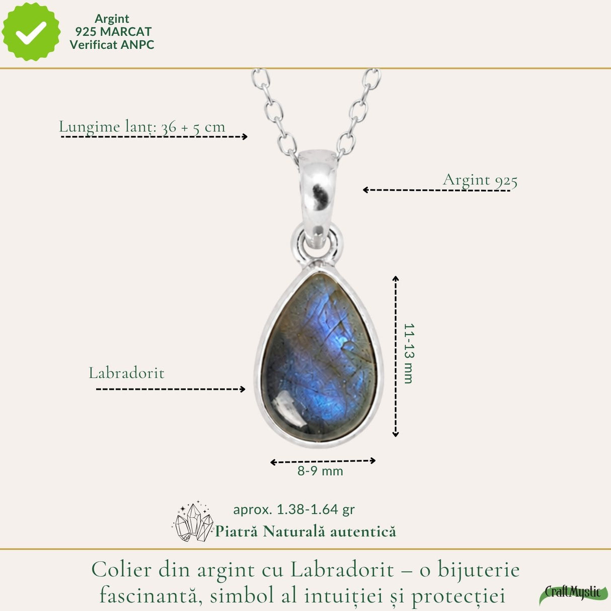 Colier din argint 925 cu Labradorit, cadou pentru ea