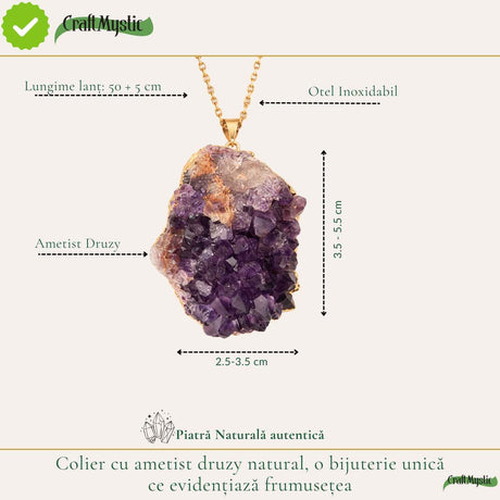 Colier cu Ametist Druzy, Inox (oțel inoxidabil) – CraftMystic