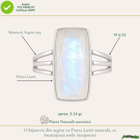 Inel Argint 925 cu Piatra Lunii Naturala Dreptunghi – Intuitie si Armonie