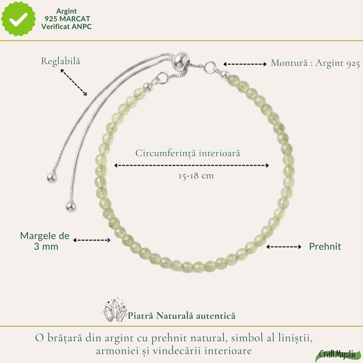 Bratara Argint 925 cu Prehnit Fatetat Natural 3 mm - Echilibru si Claritate Interioara