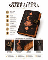 Jurnal Vintage din Piele cu Design Soare și Lună - Manual, cu Pagini de Hârtie tip pergament 190-200 Pagini