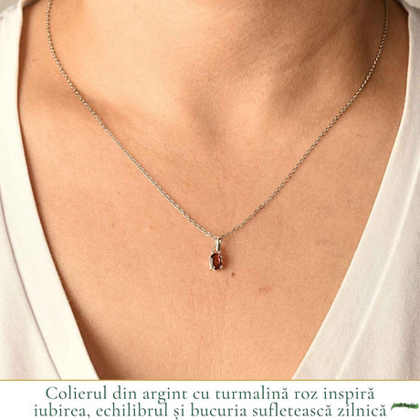 Colier Argint 925 cu Piatra Naturala de Turmalina Roz Fatetata Oval – Iubire si Echilibru