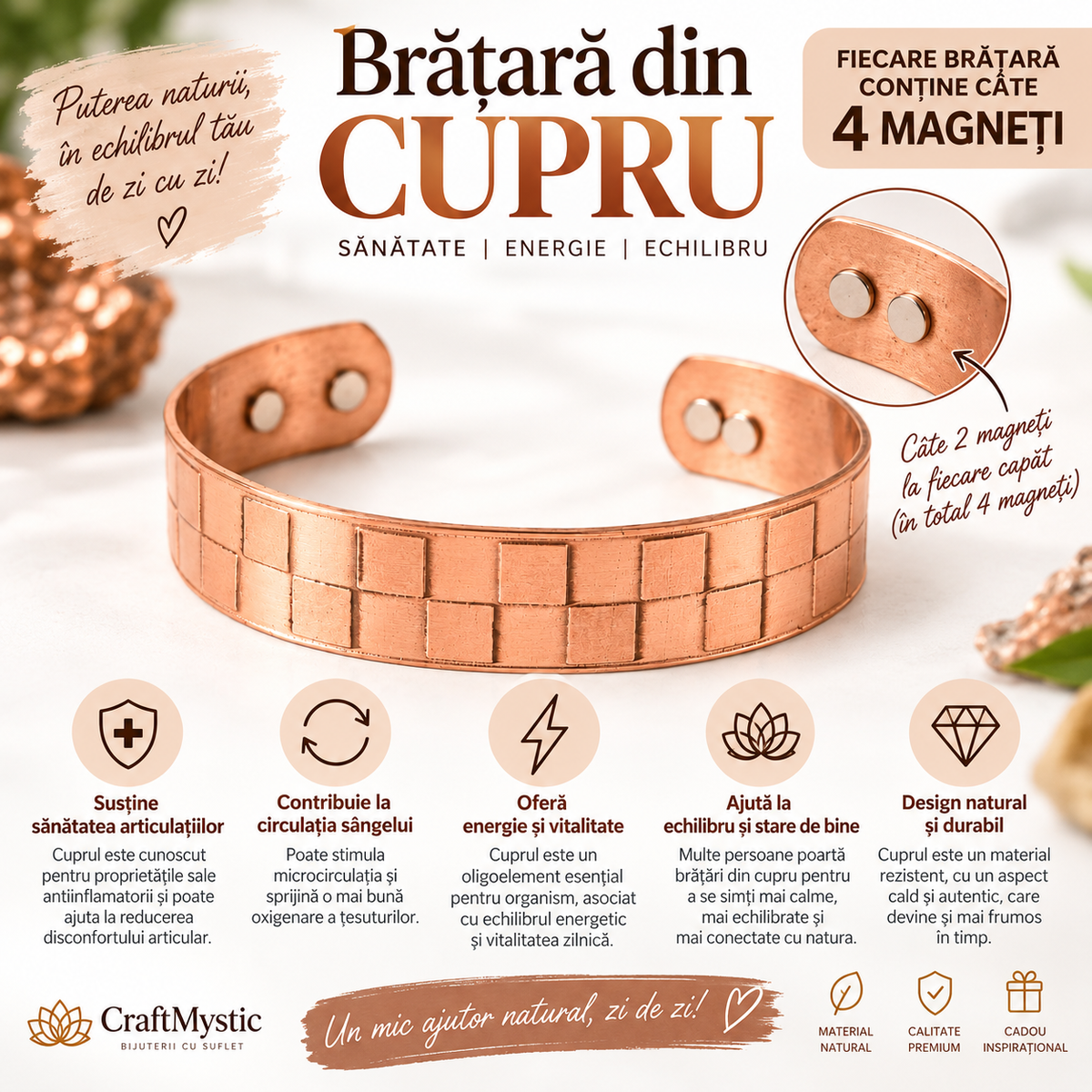 Brățară din cupru cu pătrățele și 4 magneți, unisex