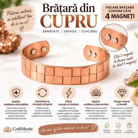 Brățară din cupru cu pătrățele și 4 magneți, unisex