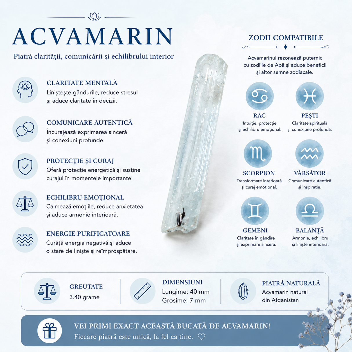 Specimen mineral de Acvamarin brut, pentru birou sau altar