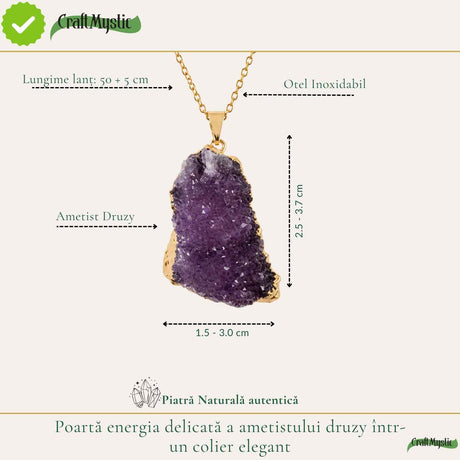 Colier cu Ametist Druzy, Inox (oțel inoxidabil) – CraftMystic