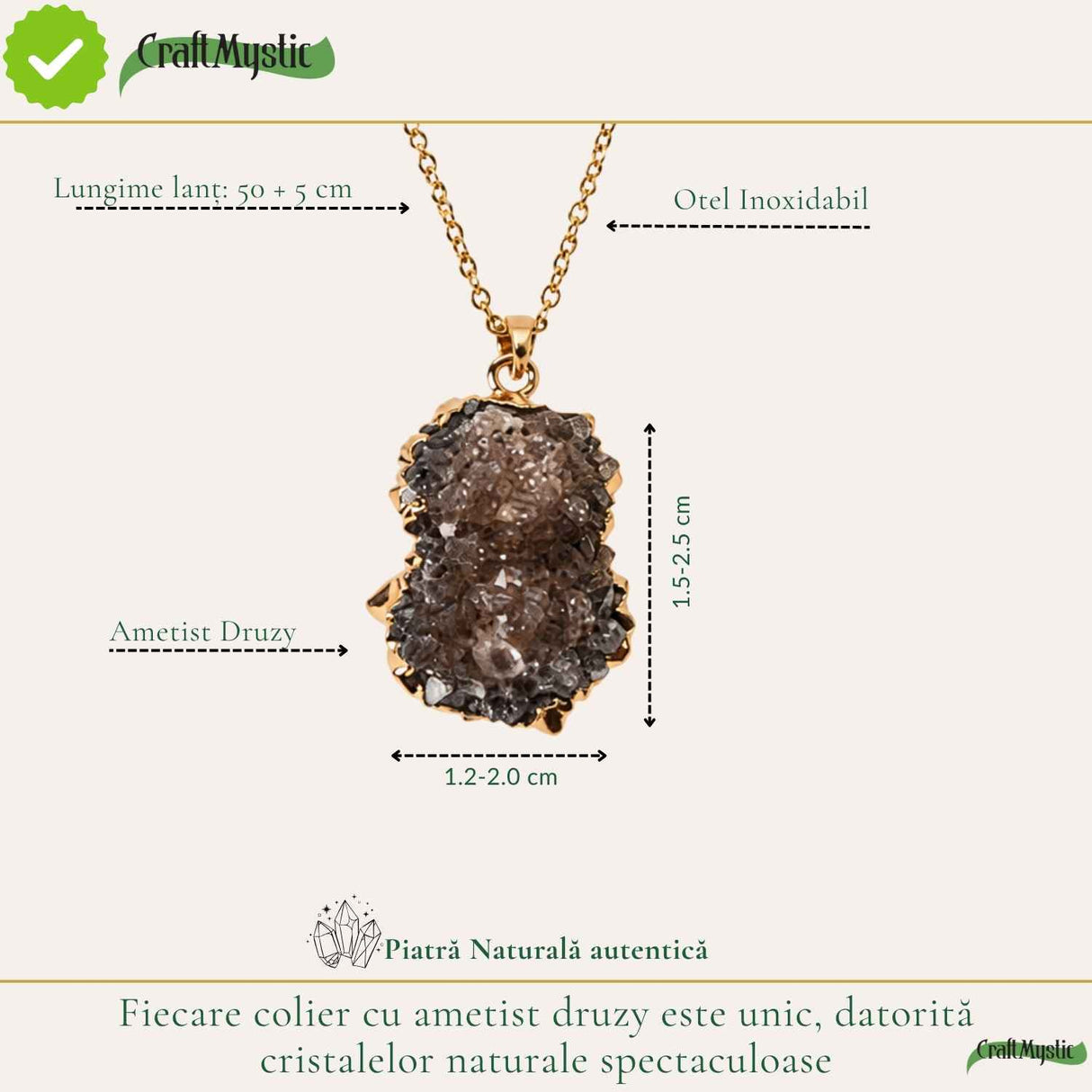 Colier cu ametist druzy natural neuniform, cristal brut pentru calm si echilibru